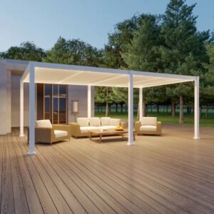 JOYESERY 12 Ft. X 20 Ft. LED Solar Panel Patio Pergola Aluminum Louvered Dome Drainage System 4 Strong Pillars, White