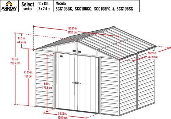 Arrow 10x8 Sage Green Select Steel Shed Kit Measurements Diagram