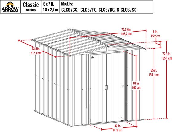 Arrow 6x7 Charcoal Classic Steel Shed Kit Measurements Diagram