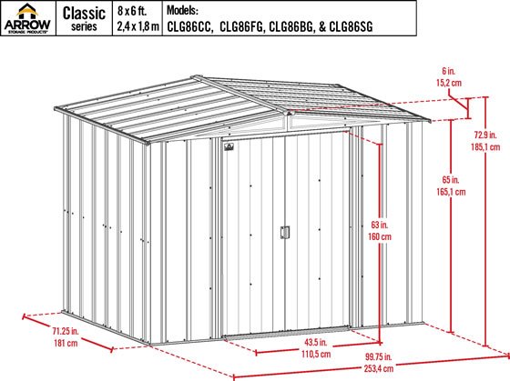 Arrow 8x6 Blue Gray Classic Steel Shed Kit Measurements Diagram